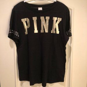 PINK Victoria's Secret Black T-Shirt Gold Foil Logo with Stud Detailing Size L